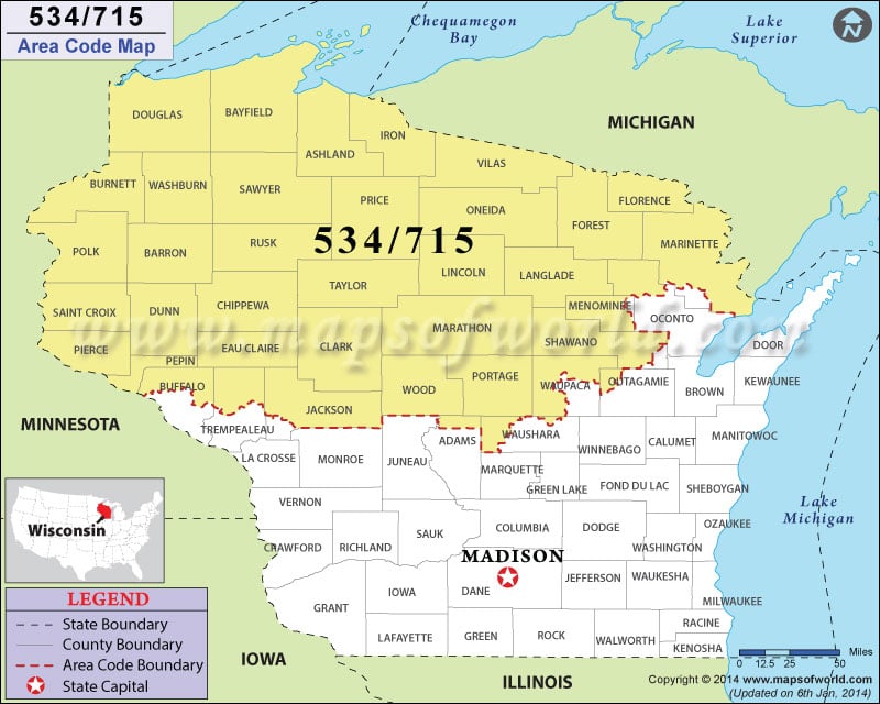 715 Area Code Map, Where is 715 Area Code in Wisconsin.