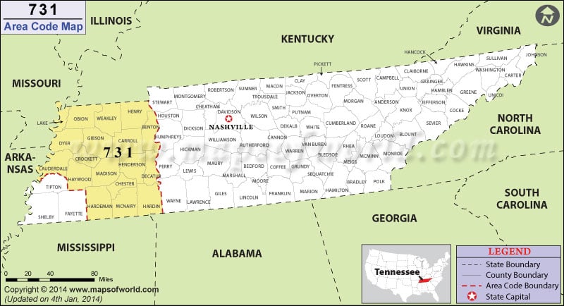 731 Area Code Map, Tennessee.