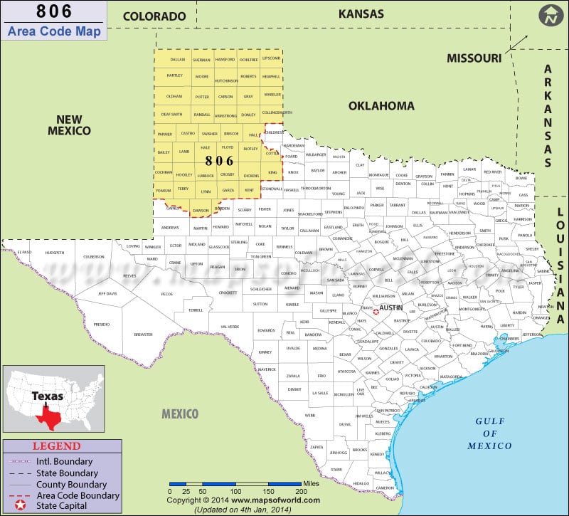 806 Area Code Map, Texas.