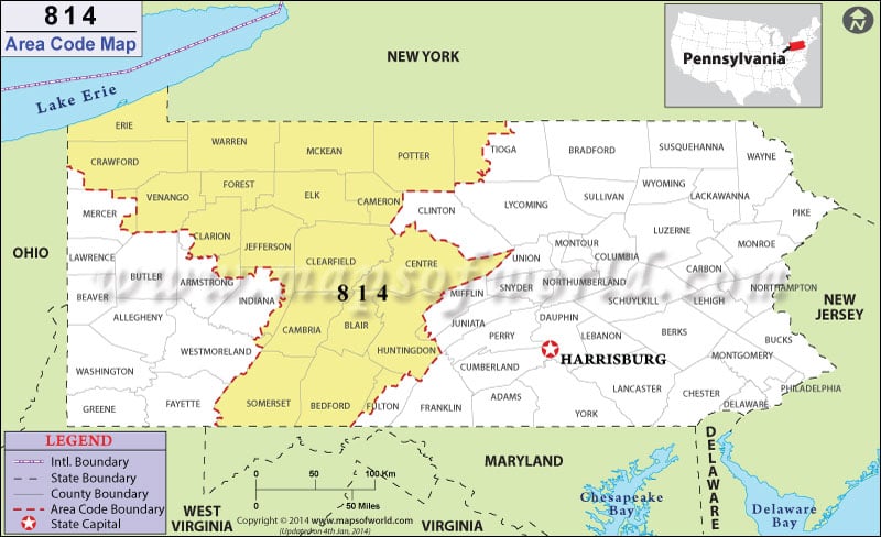 814 Area Code Map, Pennsylvania.