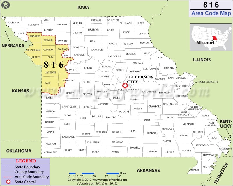 816 Area Code Map, Missouri.