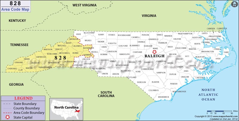 828 Area Code Map, North Carolina.