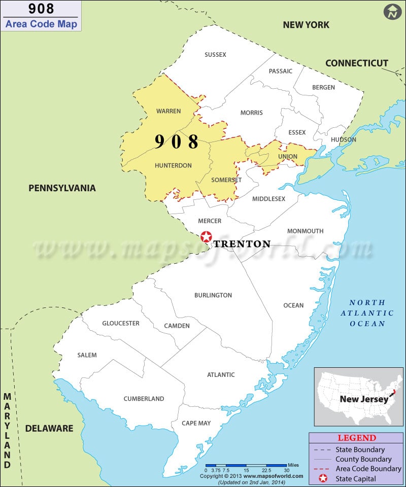 908 Area Codes Map