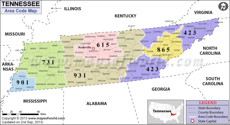 Tennessee Area Codes Map Of Tennessee Area Codes