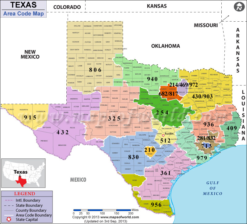 Texas Area Codes Map Of Texas Area Codes