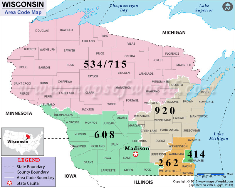 Wisconsin Area Codes Map.