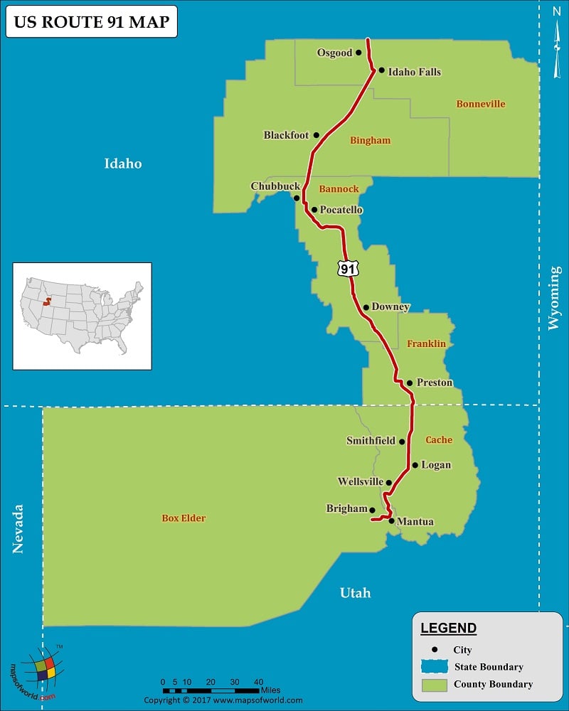 US Route 91 Map