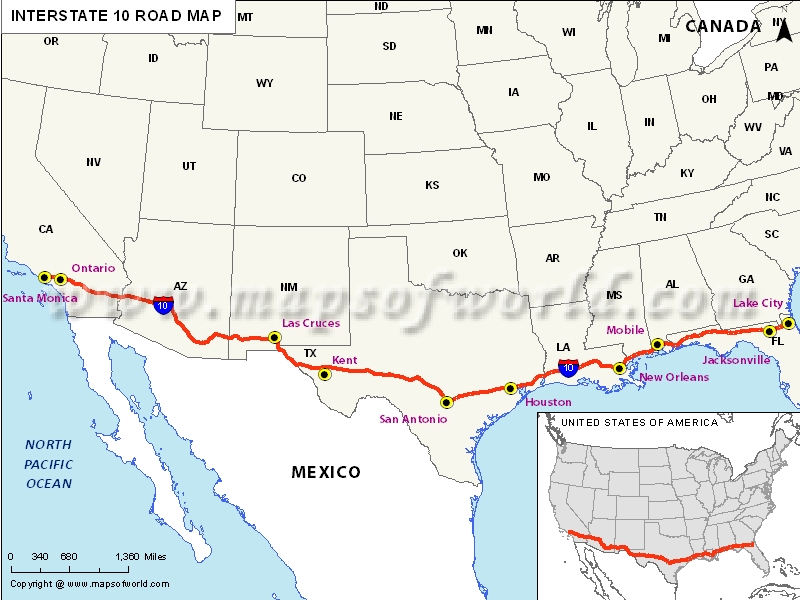 USA Interstate 10 Map