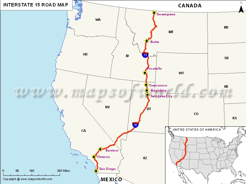 Interstate 15 I 15 Map Usa San Diego To Sweetgrass Montana