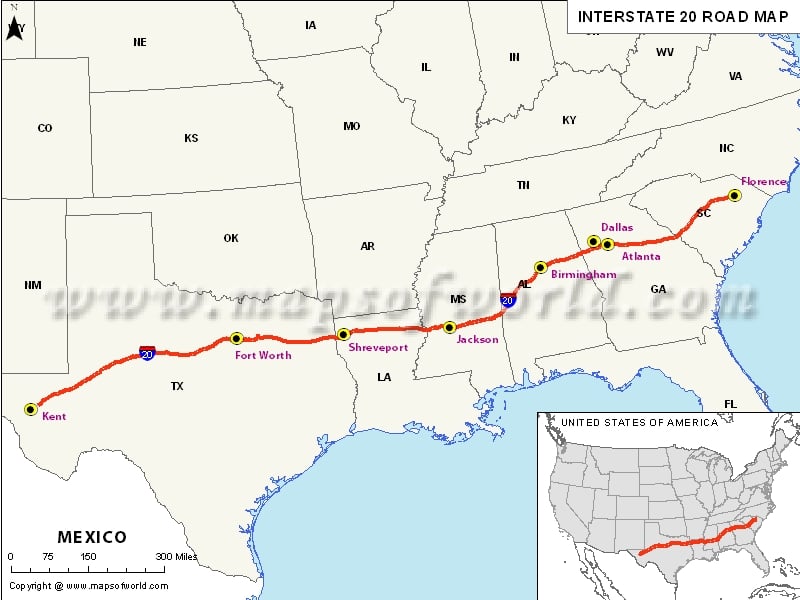 Interstate 20 I 20 Map Usa From Kent Texas To Florence