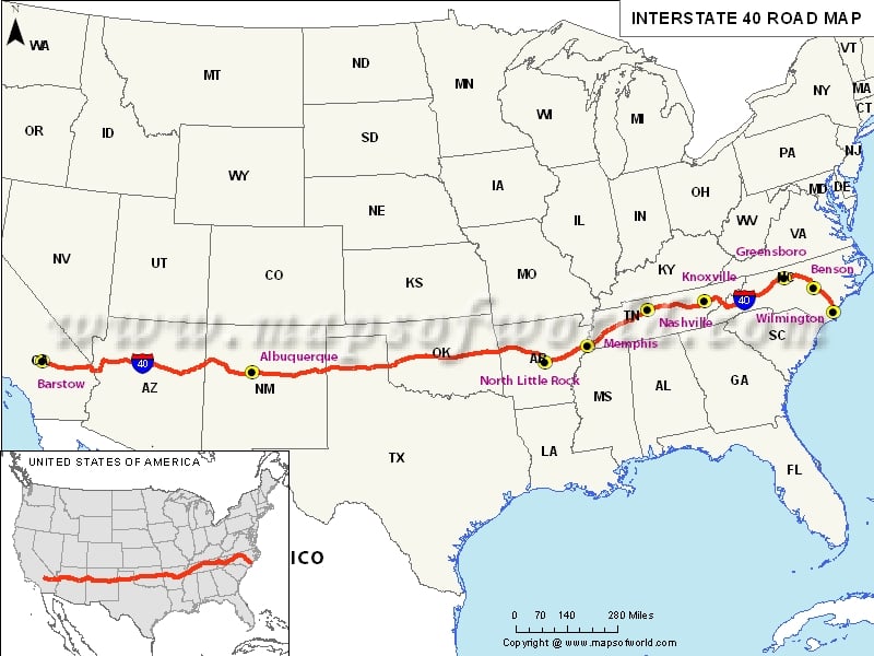 USA Interstate 40 Map