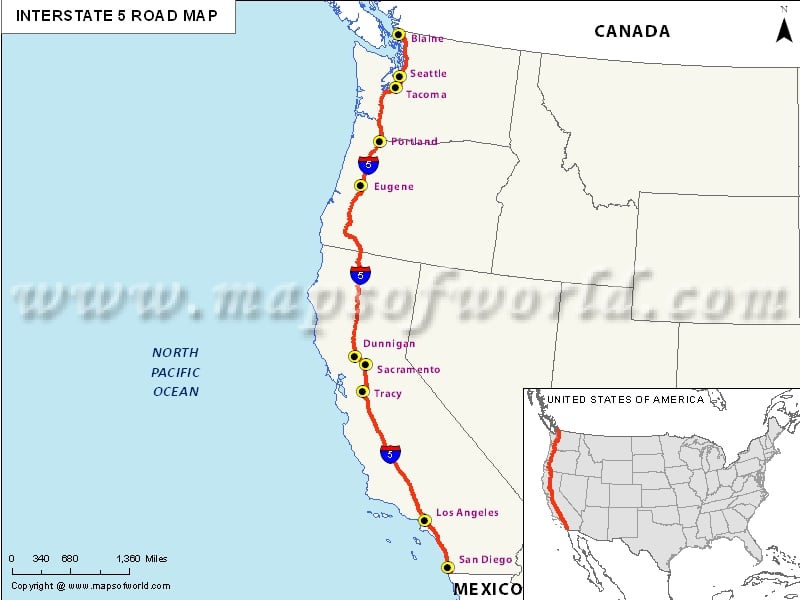 Interstate 5 I 5 Map Usa San Ysidro California To Blaine