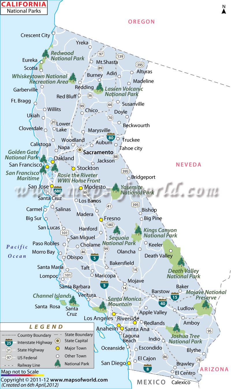 california national parks map, list of national parks in california