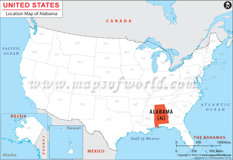 Map of USA Depicting Location of Alabama