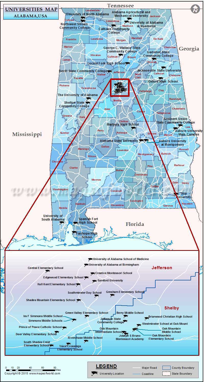 Universities Map of Alabama, USA 