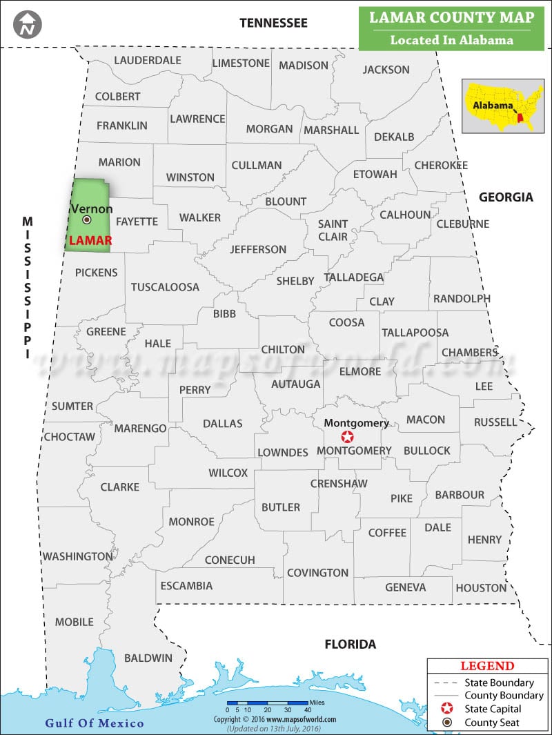 Lamar County Map, Alabama