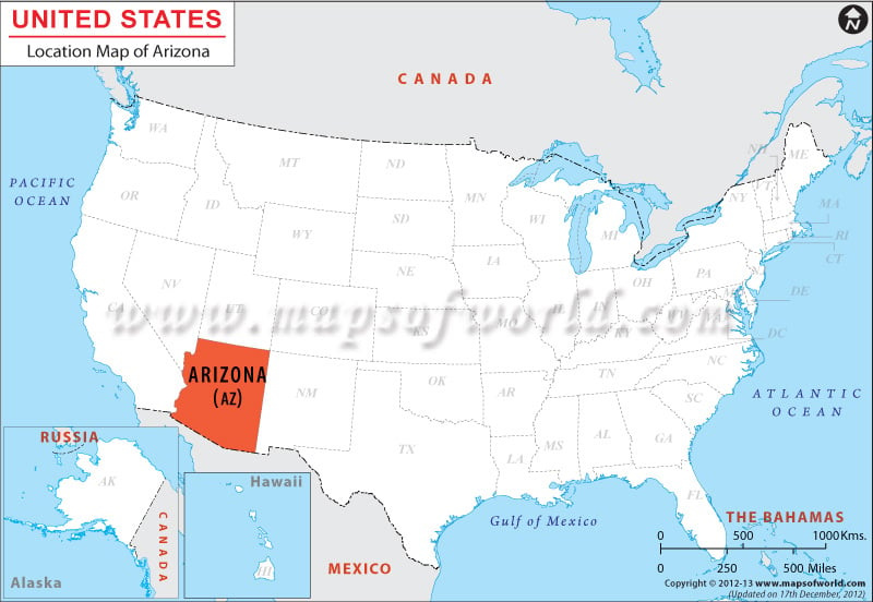 Map of USA Depicting Location of Arizona