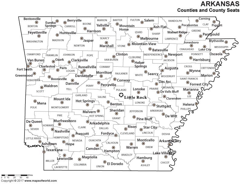 Black And White Arkansas County Map With Seats