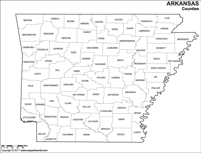 Black And White Arkansas County Map For Kids To Color