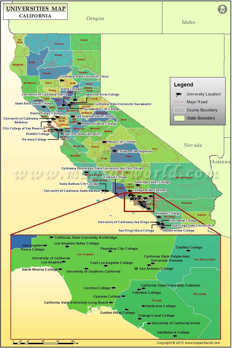 Universities Map of California, USA