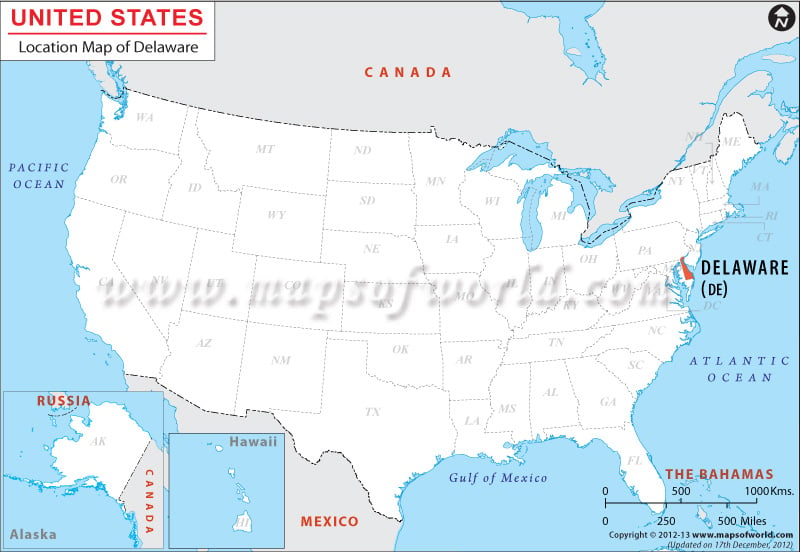 Map of USA Depicting Location of Delaware