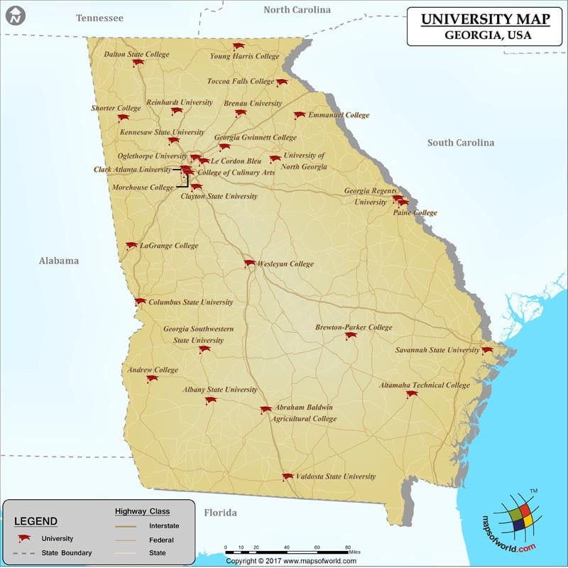 Map of Georgia with Universities and Colleges
