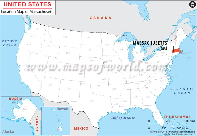 Map of USA Depicting Location of Massachusetts