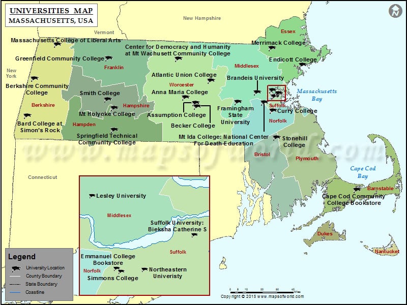 List Of Universities In Massachusetts Map Of Massachusetts