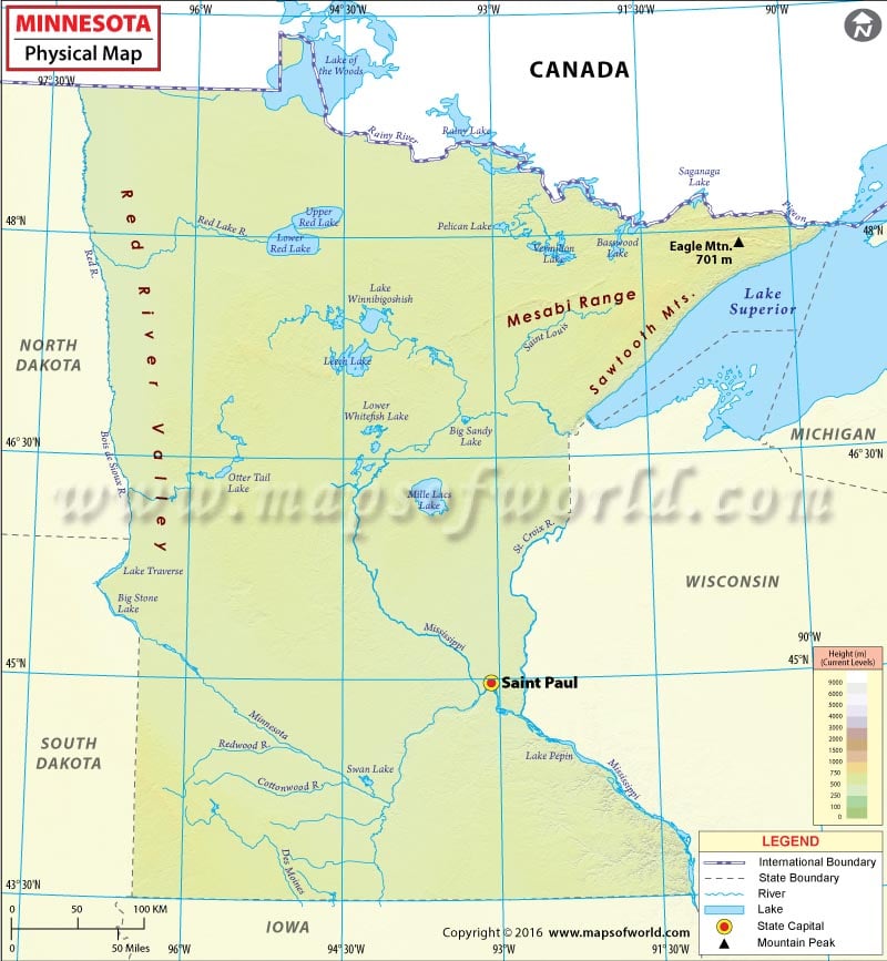 Physical Map of Minnesota