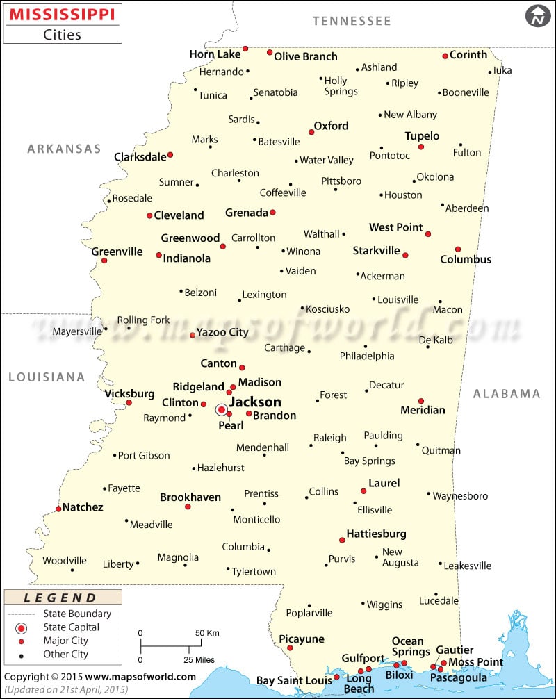 Cities In Mississippi Mississippi Cities Map