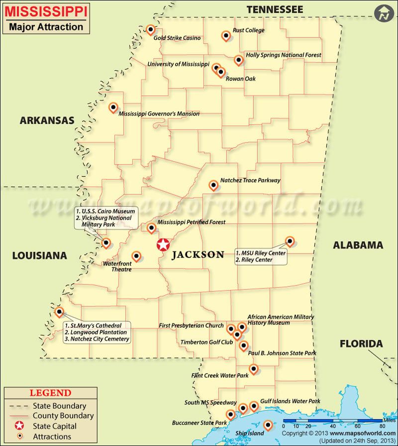Map showing travel attractions in Mississippi