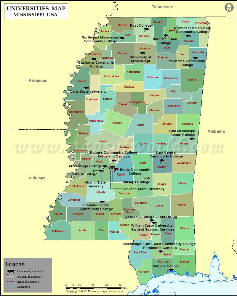 List Of Universities In Mississippi Map Of Mississippi Colleges