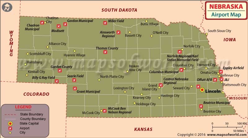 Airports In Nebraska Nebraska Airports Map