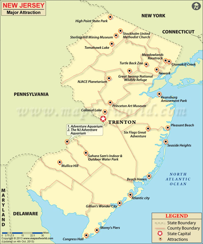 Map showing travel attractions in New Jersey