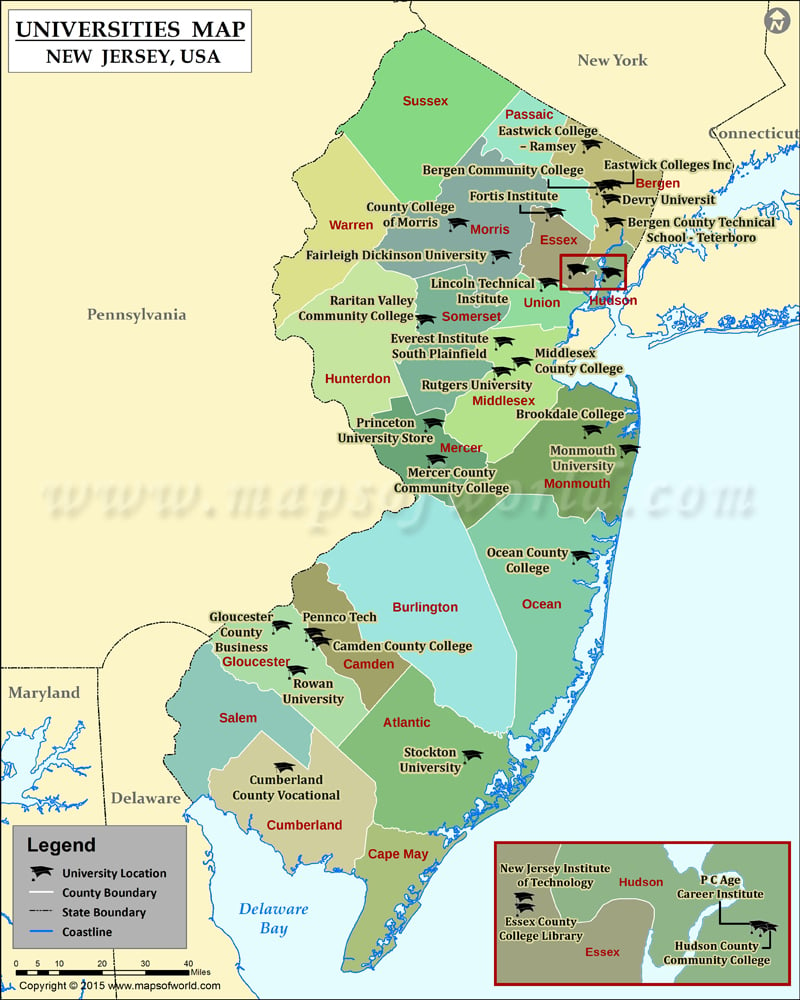 Map of New Jersey with Universities and Colleges