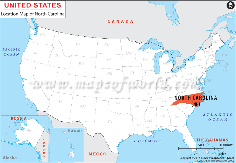 Map of USA Depicting Location of North Carolina