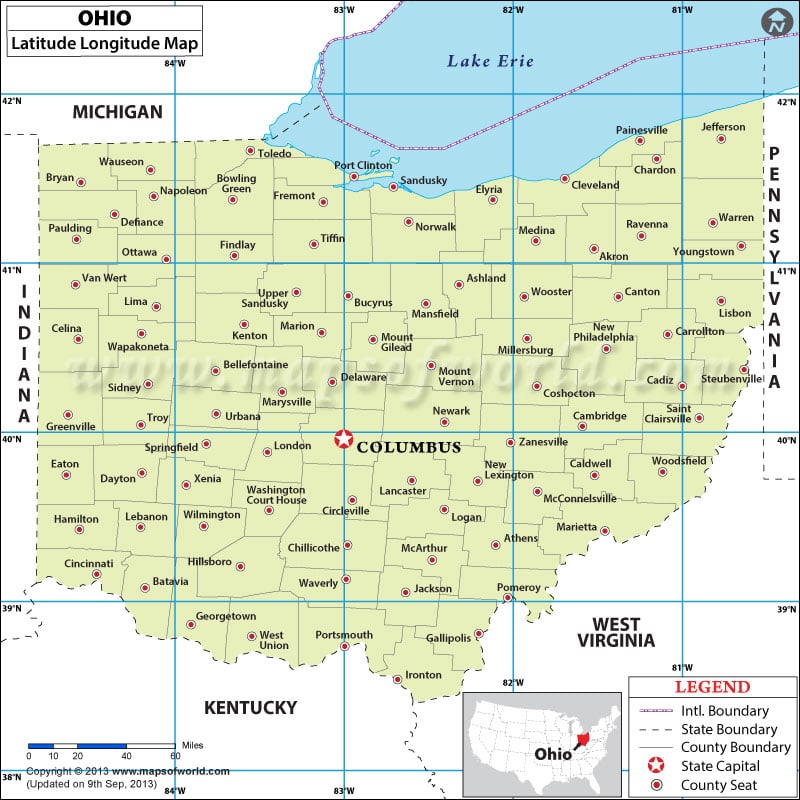 Ohio Latitude And Longitude Map Lat Long Of Ohio State Usa