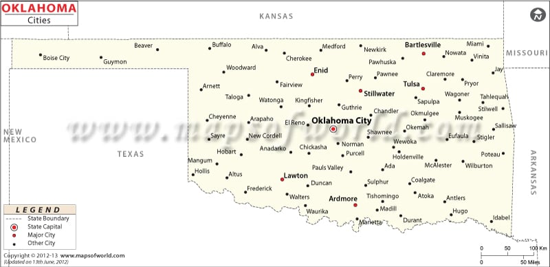 Map Of State Of Oklahoma With Outline Of The State Cities Towns
