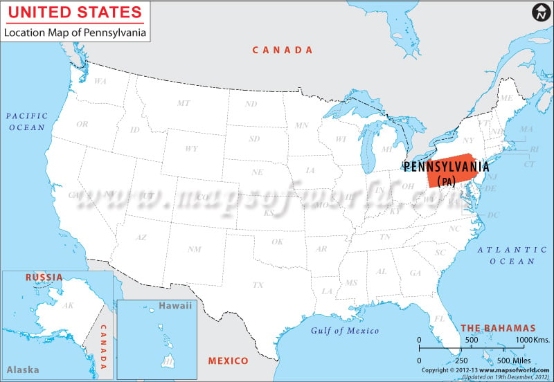 Map of USA Depicting Location of Pennsylvania