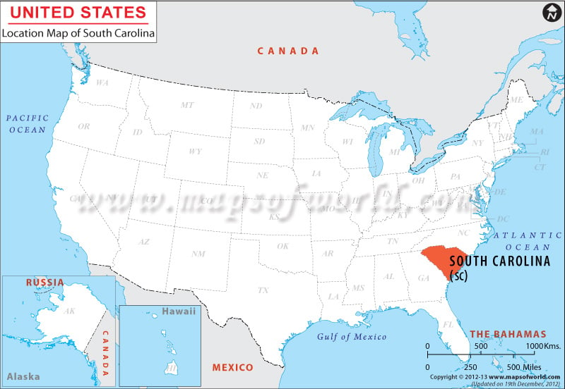 Map of USA Depicting Location of South Carolina