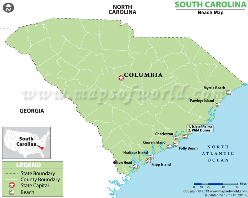 Map showing the South Carolina beaches