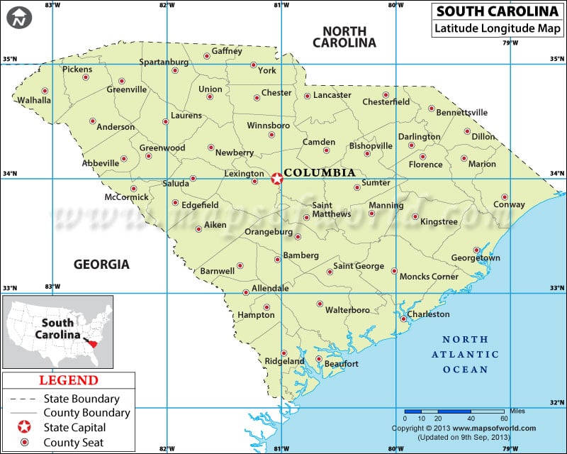 South Carolina Latitude And Longitude Map