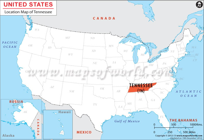 Map of USA Depicting Location of Tennessee