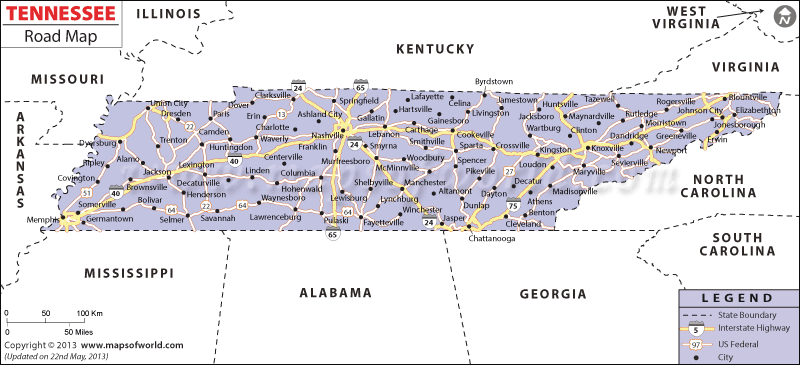 Tennessee Road Map Interstate Highways In Tennessee