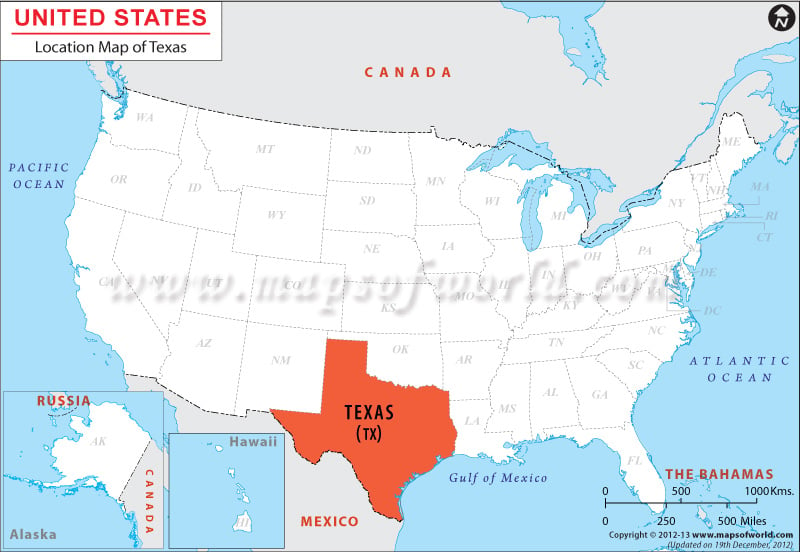 Map of USA Depicting Location of Texas