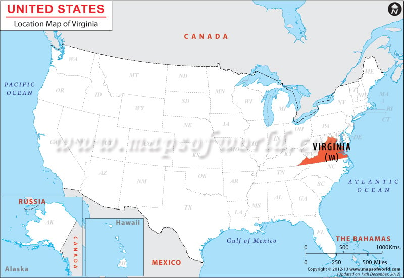 Map of USA Depicting Location of Virginia
