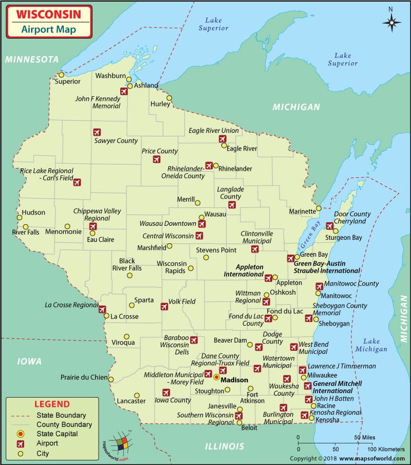 Airports In Wisconsin Wisconsin Airports Map