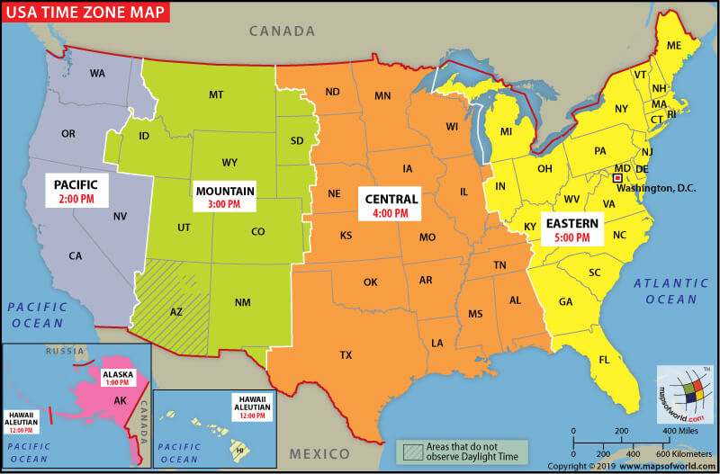 Usa Time Zone Map With States With Cities With Clock With