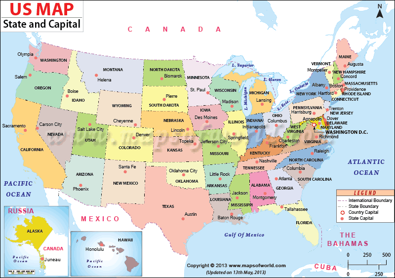 US Map showing States and Capitals
