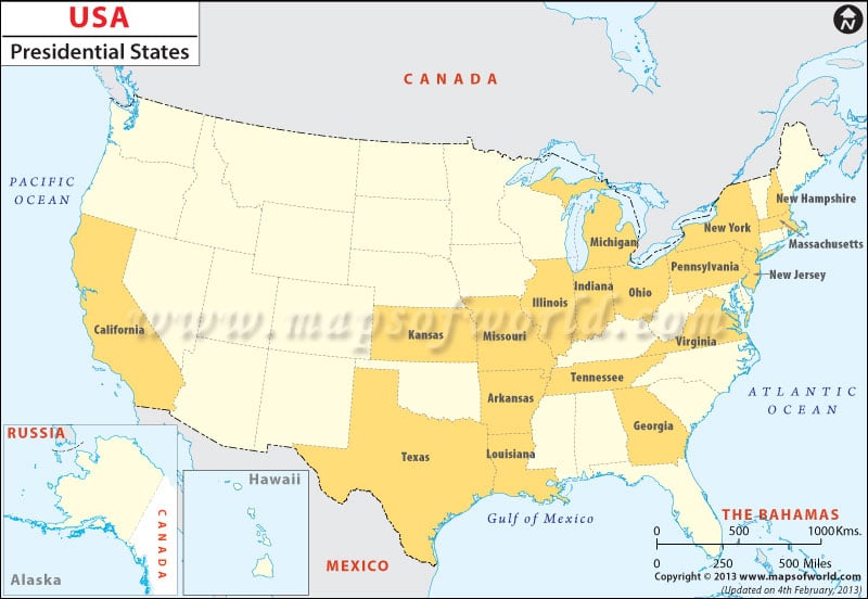 USA Map show States Represented By Presidents